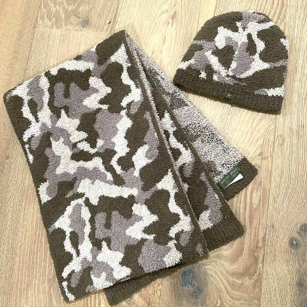 Barefoot Dreams CozyChic camo scarf & beanie set in Linen Multi, one size